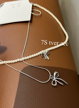 tver Acc韩代双层明亮立体蝴蝶结吊坠项链 简约珍珠毛衣链