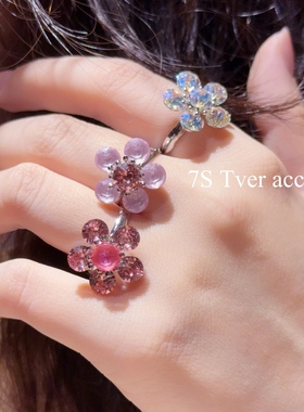 Tver韩国进口施钻樱花戒指开口 花朵发夹 ins细腻唯美首饰发饰