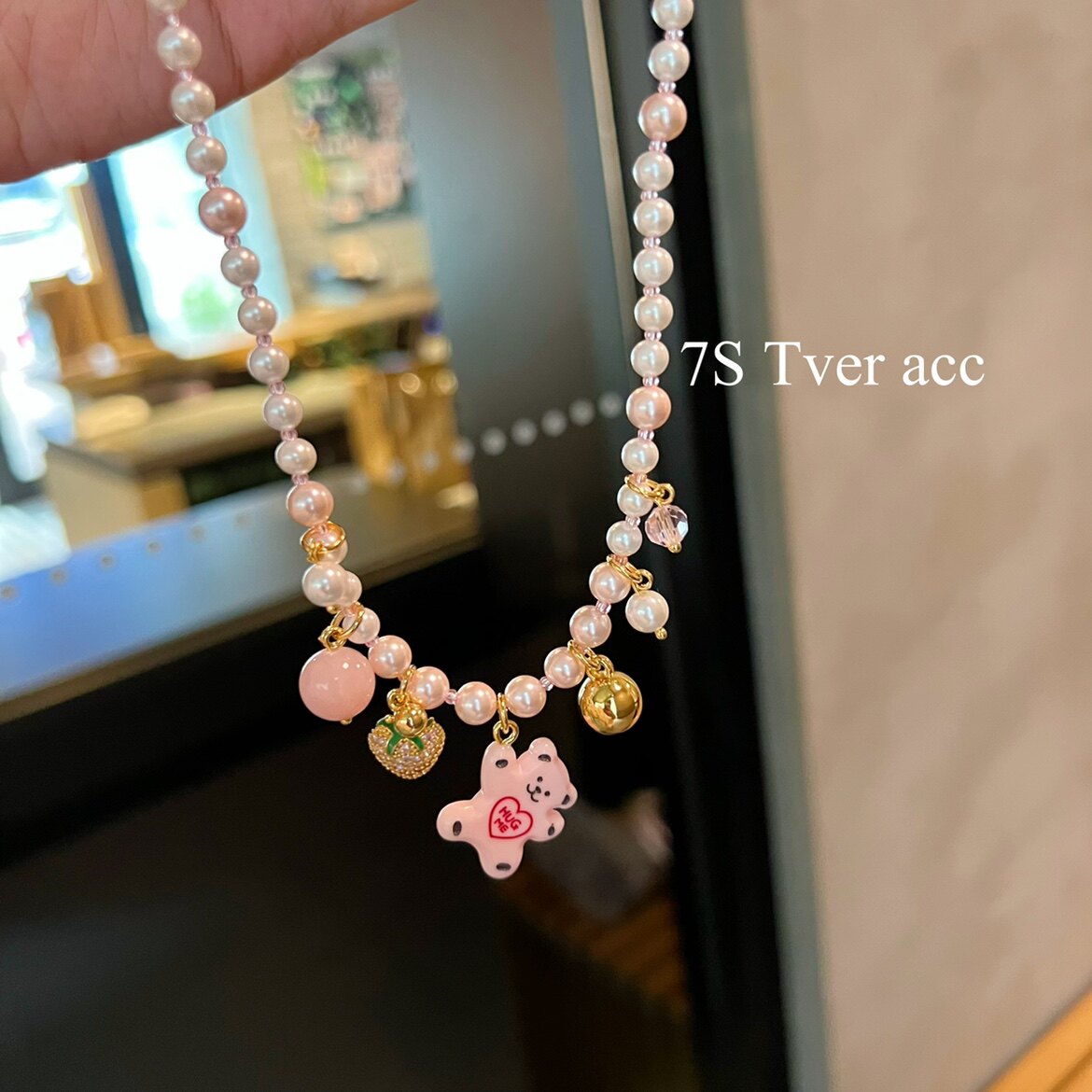 韩国进口tver acc甜美小熊粉色爱心蝴蝶结吊坠锁骨链珍珠项链女