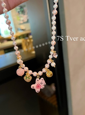 韩国进口tver acc甜美小熊粉色爱心蝴蝶结吊坠锁骨链珍珠项链女