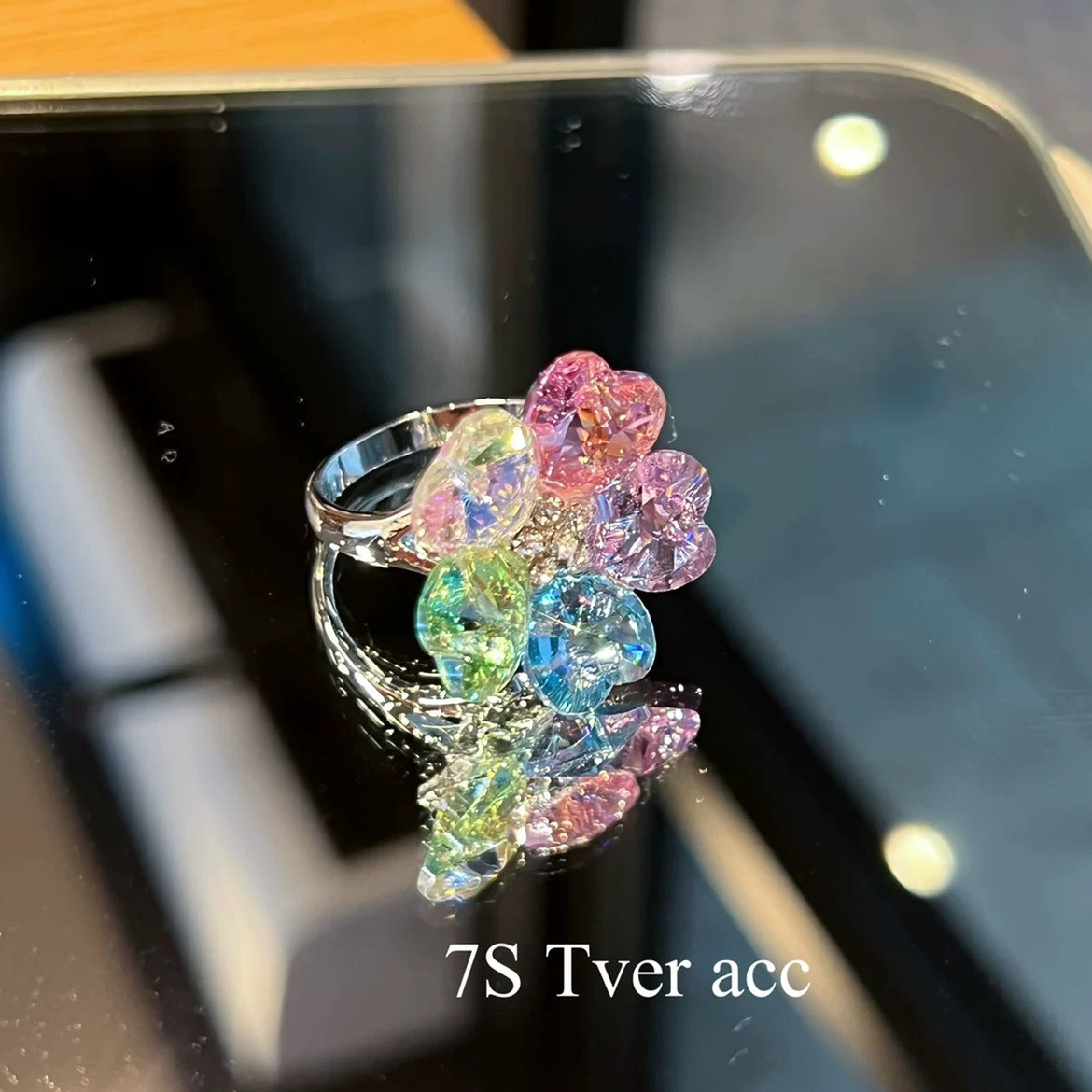 Tver韩国代大钻五色爱心S家水晶镶嵌开口戒指 开口 指环