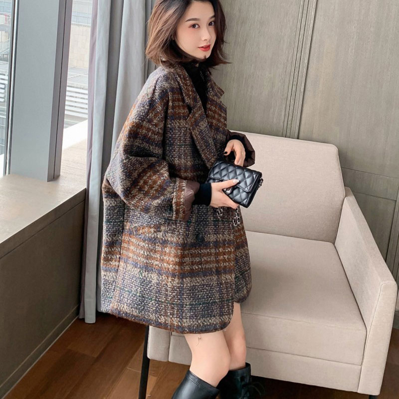 毛呢外套女中长款2020秋冬加厚短上衣宽松西装流行格子呢子大衣女