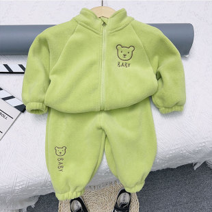 加絨兩件套時尚 嬰幼兒新款 保暖長袖 厚款 雙面奧利絨套裝 寶寶秋冬季