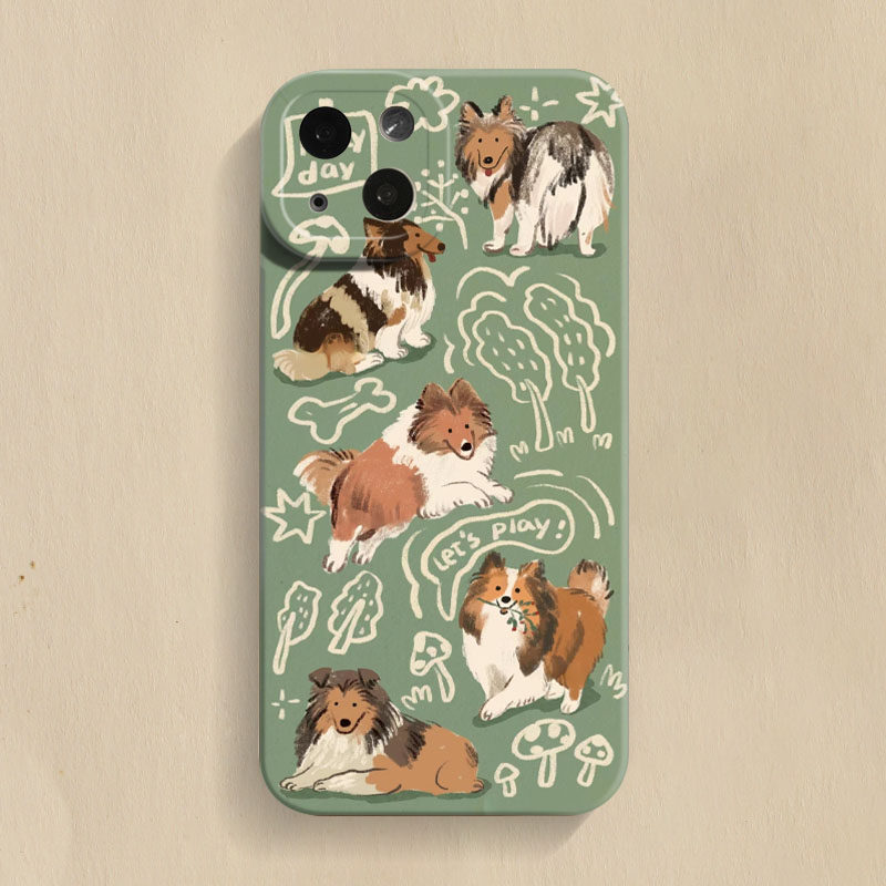 可爱边牧iPhone15手机壳苹果14Promax新款13卡通12全包防摔11原创插画x女生xr小众不撞壳的xs情侣8plus适用7p