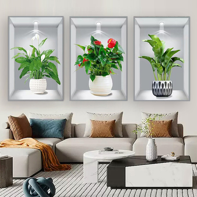 植物花卉3D效果盆栽贴画过道楼梯三联装饰画宾馆餐厅壁画自粘画