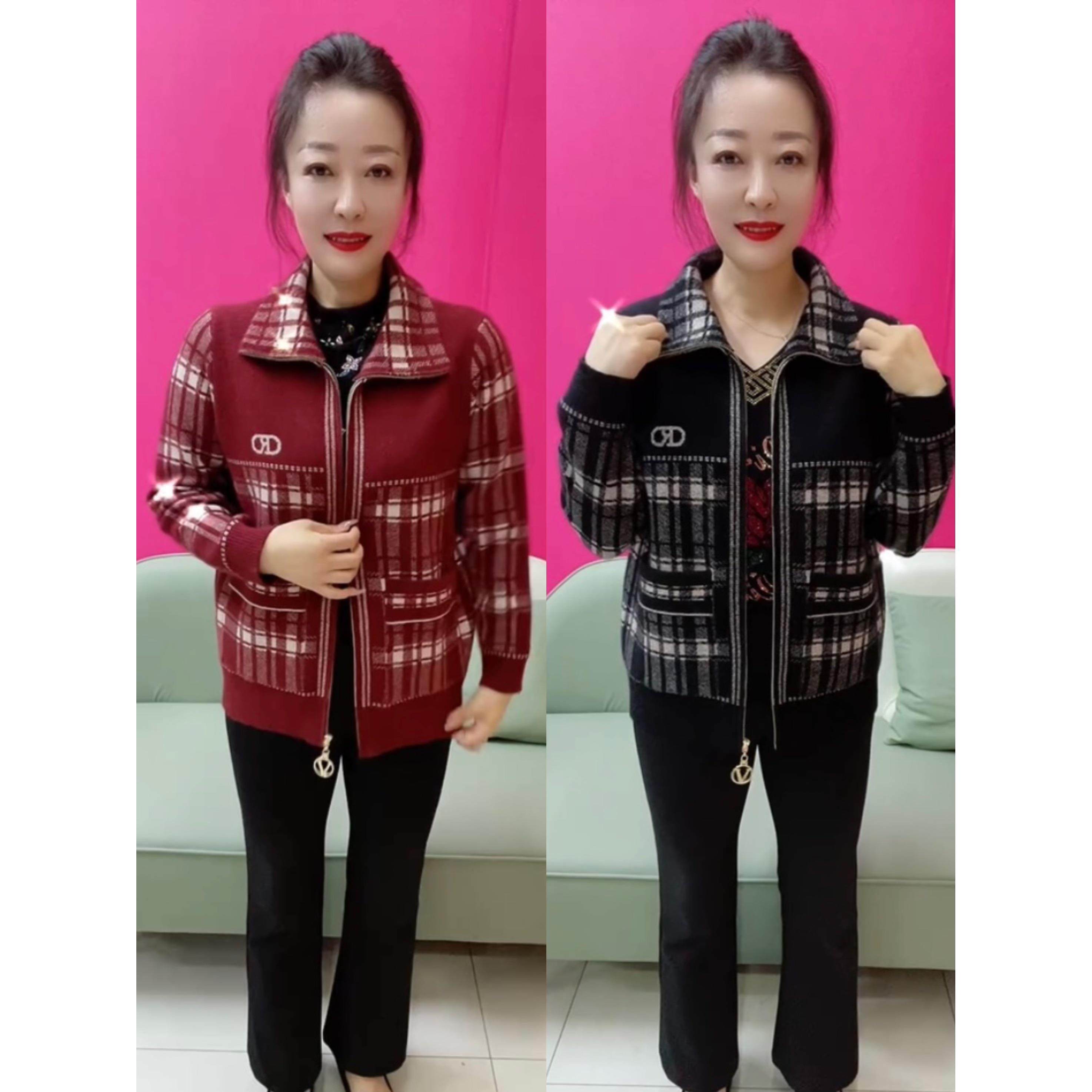 秋冬新款时尚拉链格子外套休闲百搭翻领中老年常规款女士上衣女装