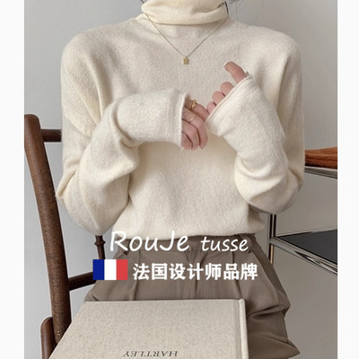 法国Rouje tusse堆堆领羊毛针织衫高领打底衫女冬厚修身内搭毛衣
