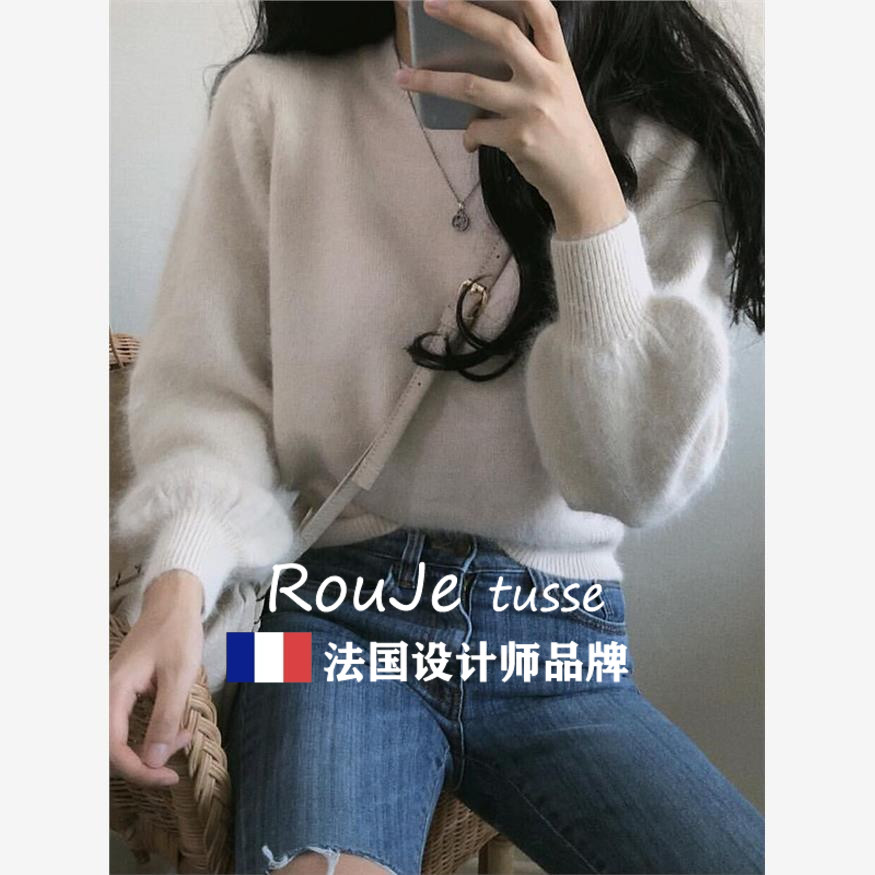 法国Rouje tusse兔绒毛衣女秋冬宽松慵懒软糯短款打底针织衫上衣