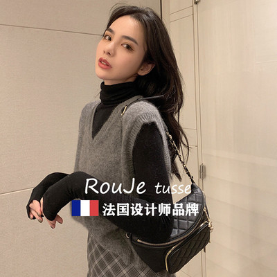 法国Rouje tusse灰色V领羊绒针织马甲女秋冬叠穿毛衣背心坎肩上衣
