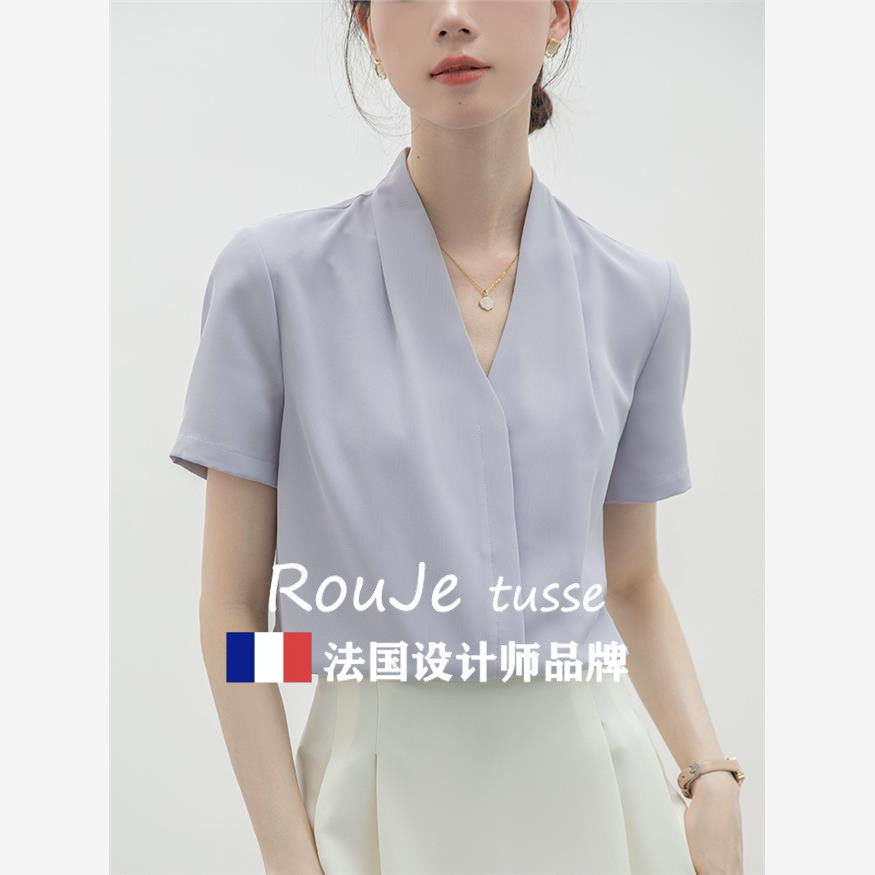 Rouje tusse短袖雪纺蓝色衬衫女夏季计感小众气质V领衬衫职业面试