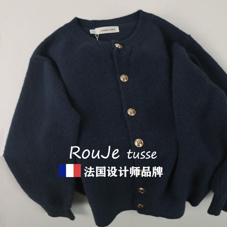 法国罗杰Tusse覆古金纽扣羊毛针织开衫妇女宽松的懒散风格羊绒毛
