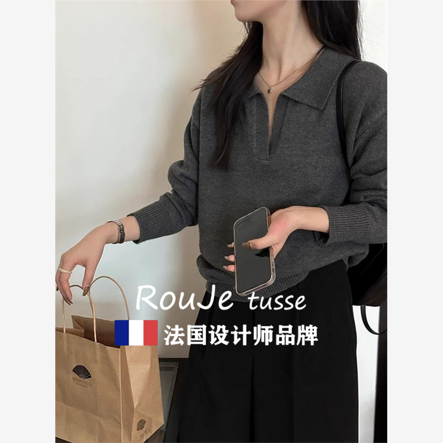 慵懒高级感翻领羊毛针织衫女秋冬内搭打底毛衣polo衫灰色羊绒上衣