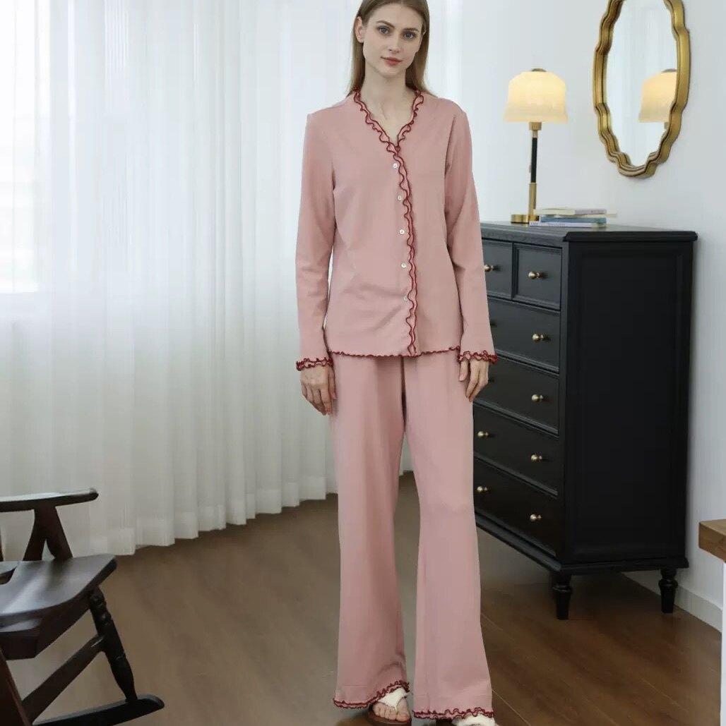 秋冬新款女士睡衣德绒柔软保暖花边木耳边长袖长裤两件套装家居服