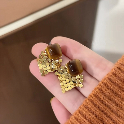 925银针菱形金色亮片流苏耳环气质金属高级感复古美拉德风耳饰女