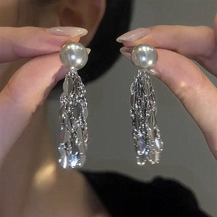 925银针粼粼波光清冷灰色珍珠流苏耳环显脸小长款耳饰女耳坠