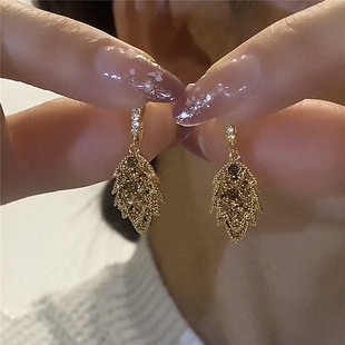 轻奢高级咖色满钻叶子耳环韩版新款超闪锆石树叶耳饰气质简约耳坠