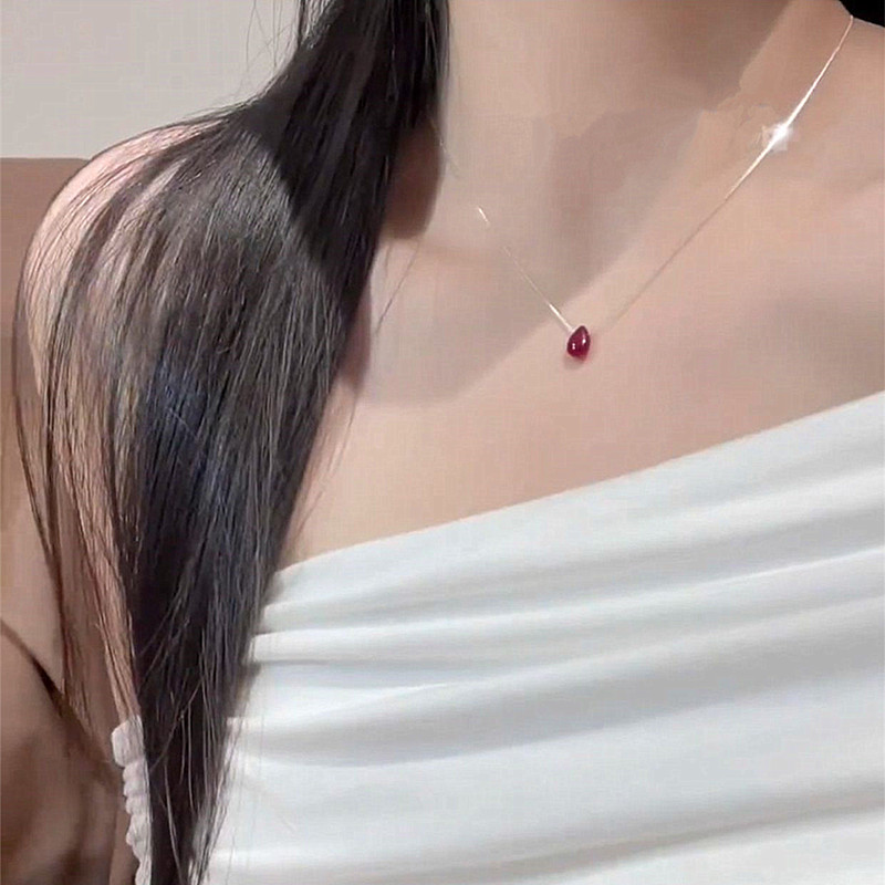 小众红色水滴抽拉项链