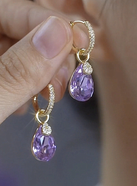 2024新款轻奢紫色锆石水晶水滴耳扣精致高级复古气质耳环国风耳坠