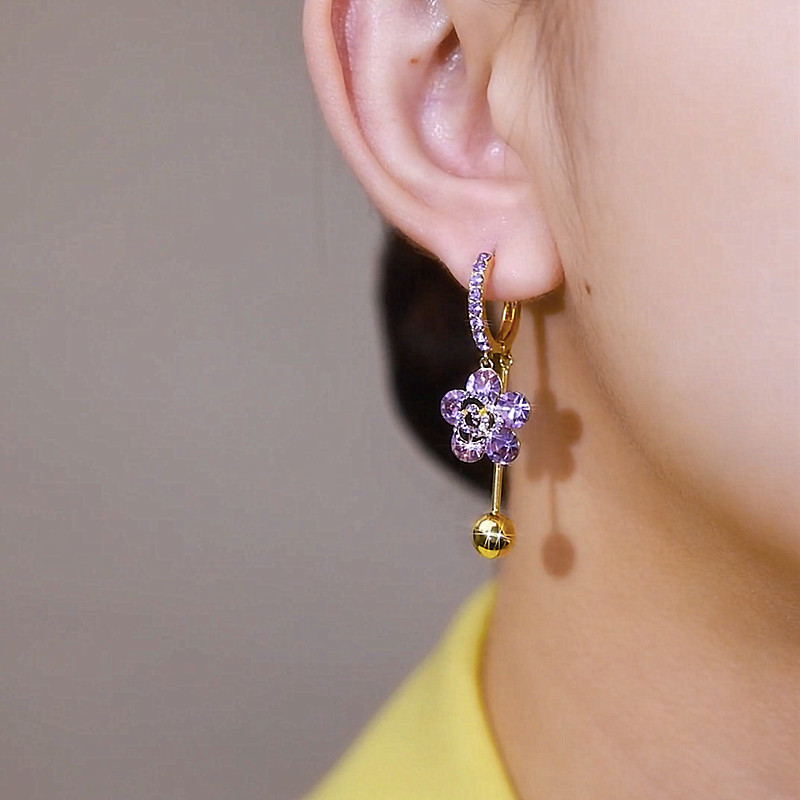 紫色水晶花朵球球耳环2024新款潮网红爆款满钻锆石耳扣时尚耳饰女