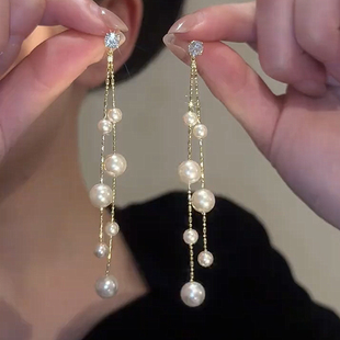 新款浅金色珍珠长流苏耳环性轻奢高级感气质S925银针耳钉百搭耳饰