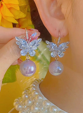 重工锆石蝴蝶幻彩紫珠耳环