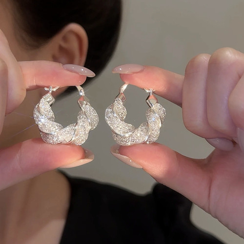 银色麻花水晶耳环圈圈耳饰小众