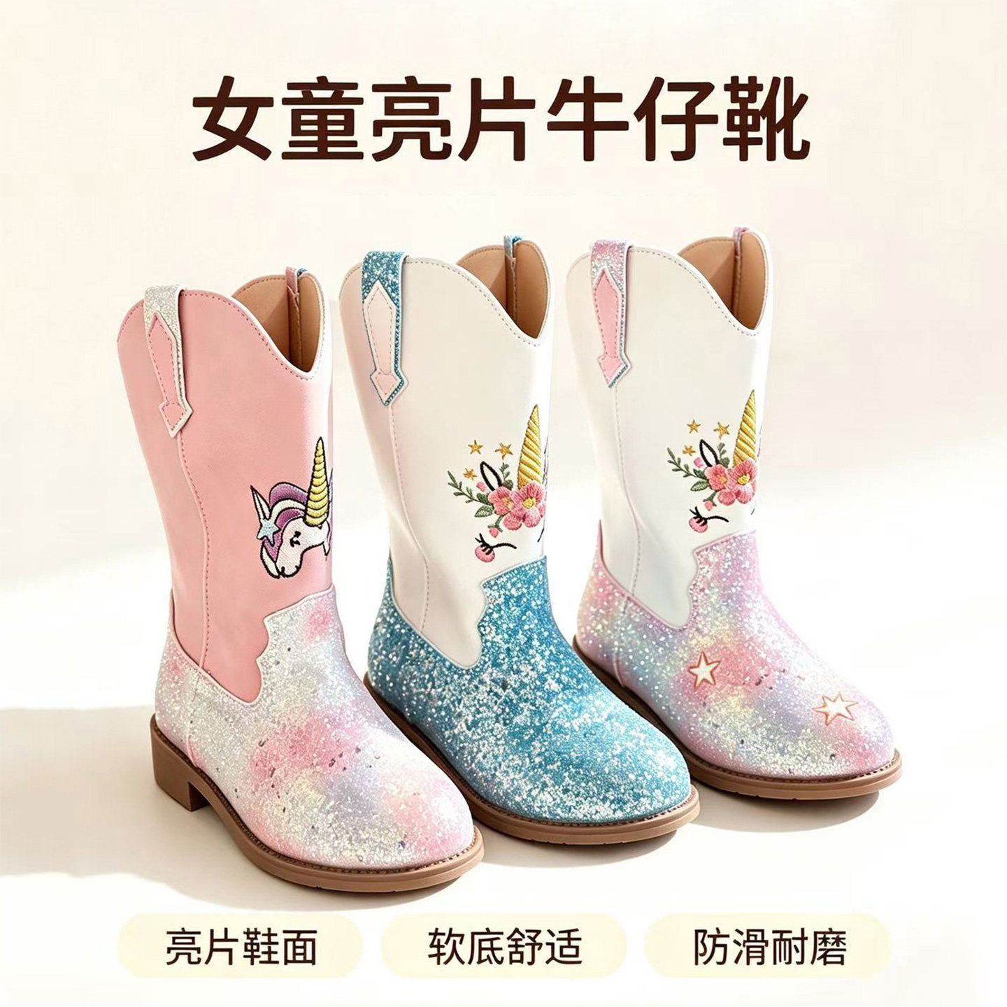 女童公主风亮片独角兽高筒骑士靴