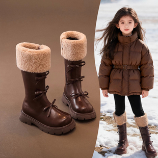 女童高筒靴美拉德风加绒长筒靴女宝秋冬蝴蝶结毛绒口靴子公主马丁