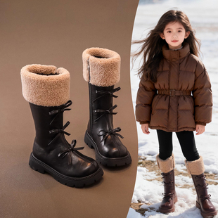 爆款加绒高筒靴子女童公主长靴秋冬美拉德风皮靴中筒马丁雪地棉靴