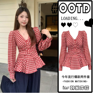 大码女装2026春季新款胖mm显瘦遮肚子格子衬衫女设计感小众上衣潮