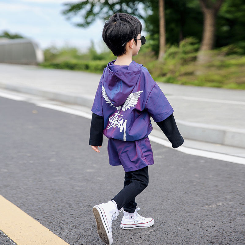 男童翅膀连帽套装2023春款潮小孩帅气假两件秋季童装运动洋气衣服