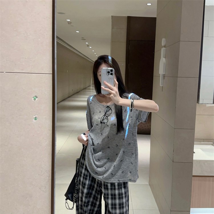 实拍实价大码蝴蝶结波点露背短袖T恤+高腰直筒长裤垂感拖地裤子女