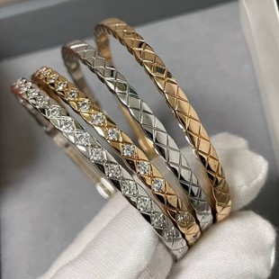 coco菱格纹手镯带钻手环女玫瑰金手饰小香风轻奢素圈环925银镀18K
