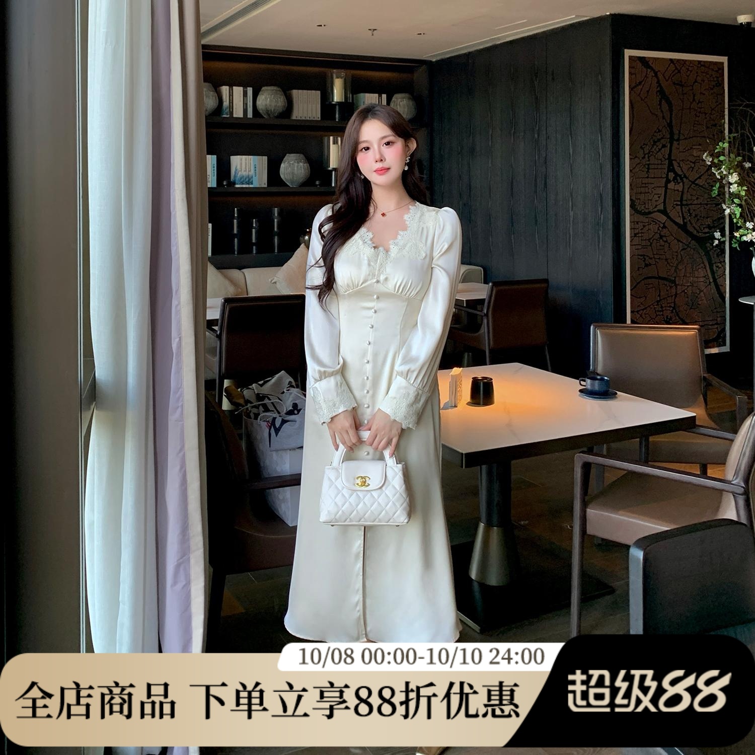 MB大码纯欲缎面蕾丝花边连衣裙