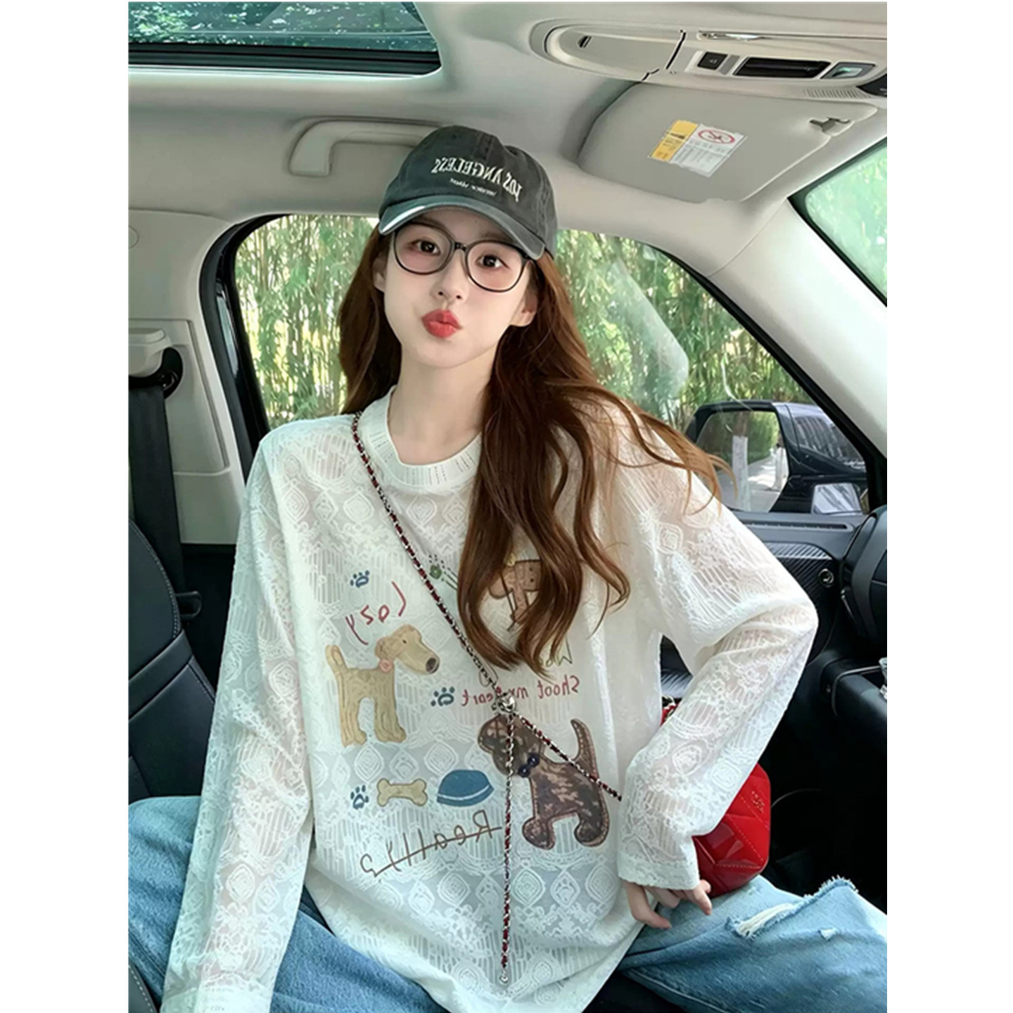大码蕾丝拼接长袖t恤女2026新款秋季趣味印花设计感宽松减龄上衣