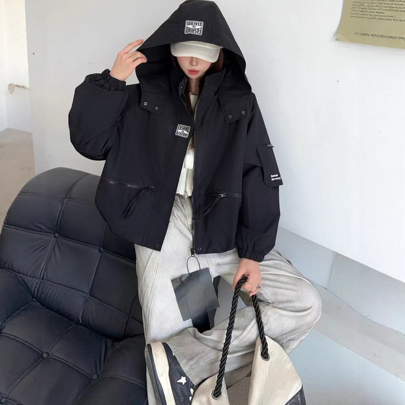 大码风衣短外套女2025秋冬新款重工拉链设计感贴标加绒抽绳夹克潮