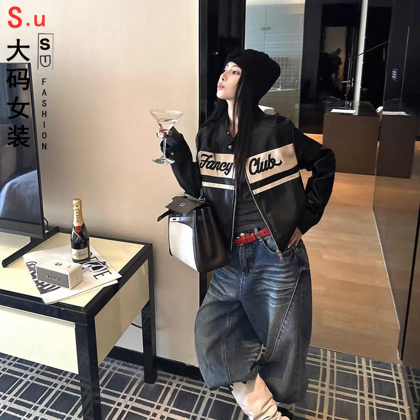 大码复古刺绣皮衣外套女装2026新款秋季休闲夹克胖MM遮肉显瘦上衣