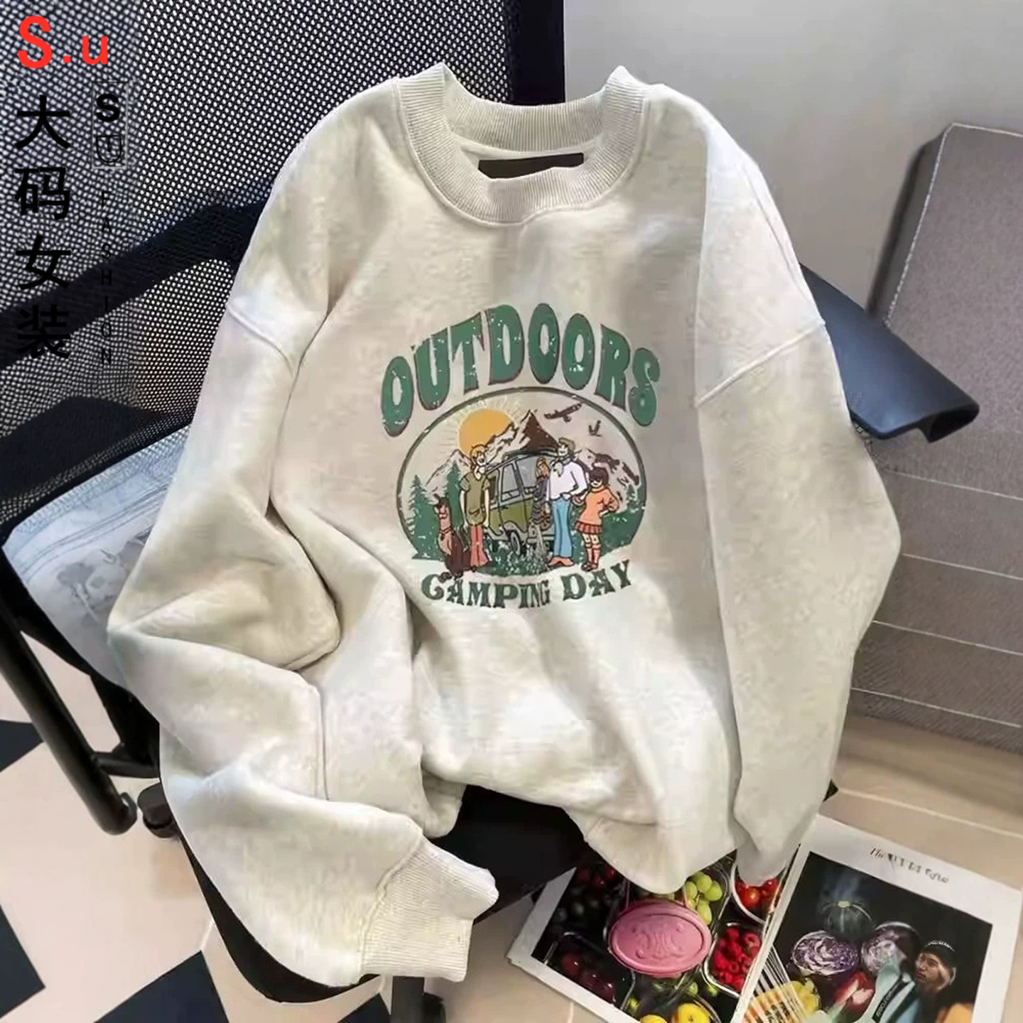 大码小众设计感显气质圆领套头卫衣女宽松时尚上衣加绒加厚秋冬季