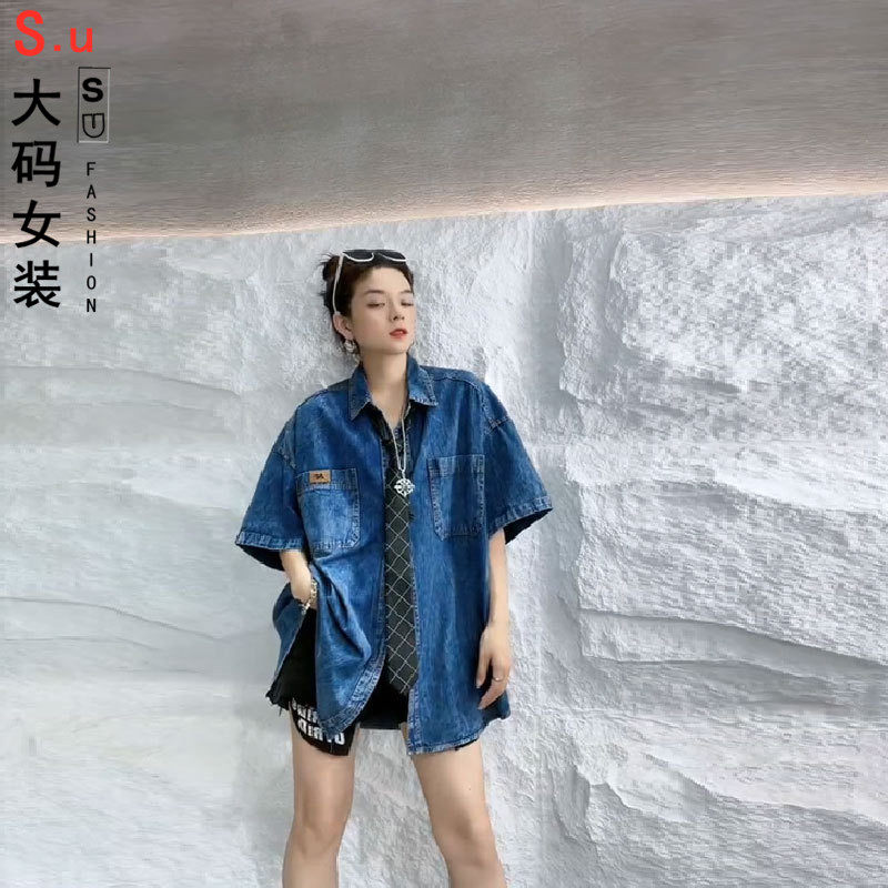 大码夏季短袖牛仔衬衫女ins日系小众设计感休闲宽松半袖外套休闲
