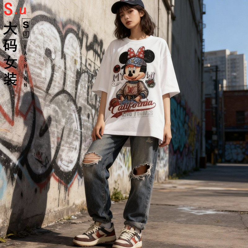大码卡通米奇T恤女2025刺绣女装秋季新款重工字母印花亮片上衣