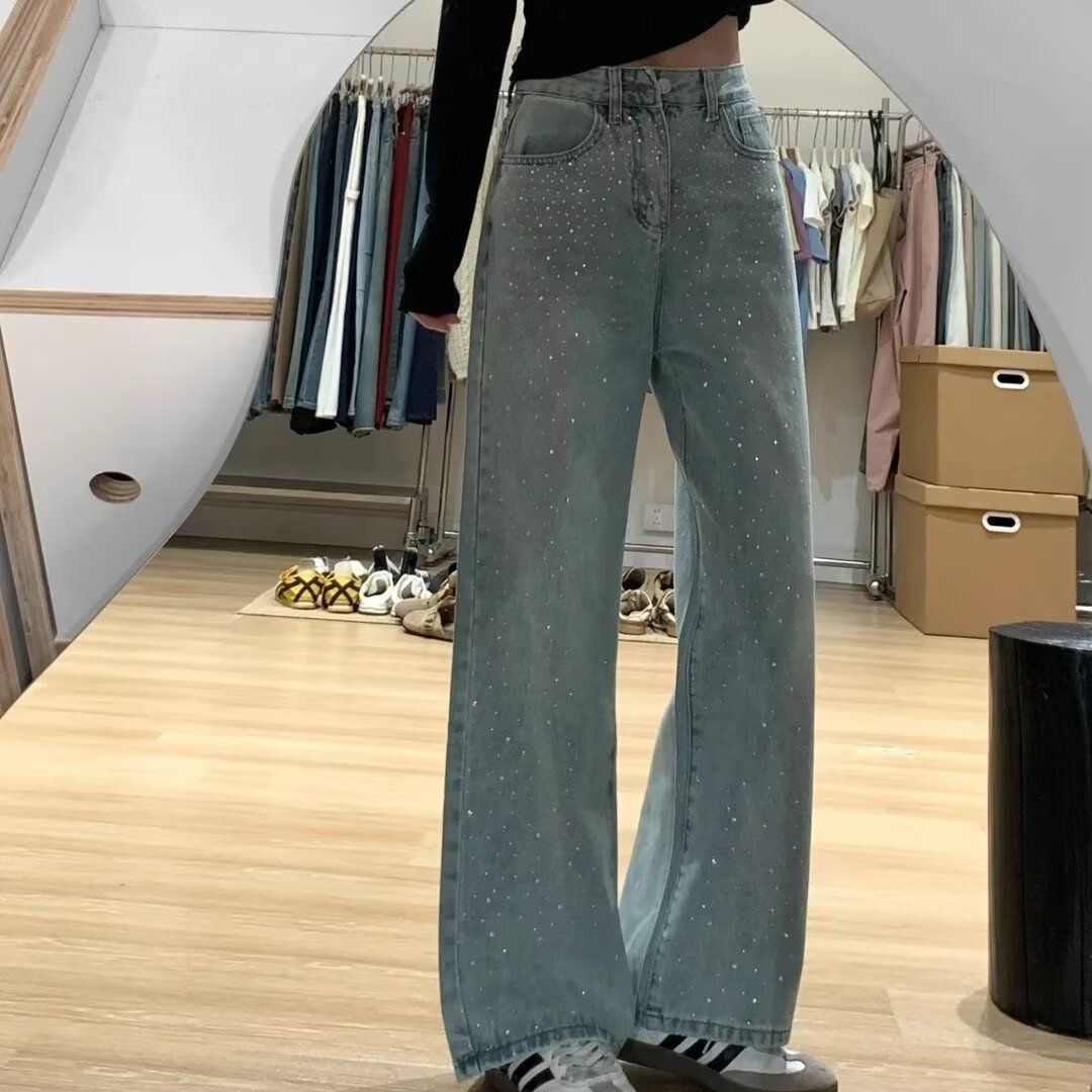 星光烫钻提花阔腿牛仔裤女春季重工高腰显瘦潮流气质百搭直筒裤子