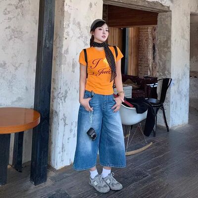 大码韩系高街水洗直筒七分牛仔裤女夏季新款高腰宽松显瘦阔腿裤子