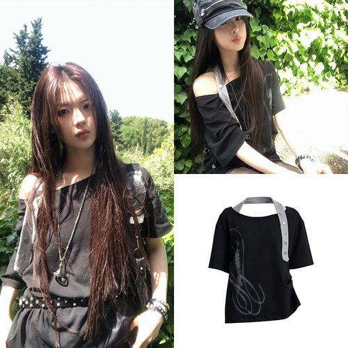 现货 杨超越同款 asyouare韩国设计师品牌 字母露肩挂脖短袖T恤女