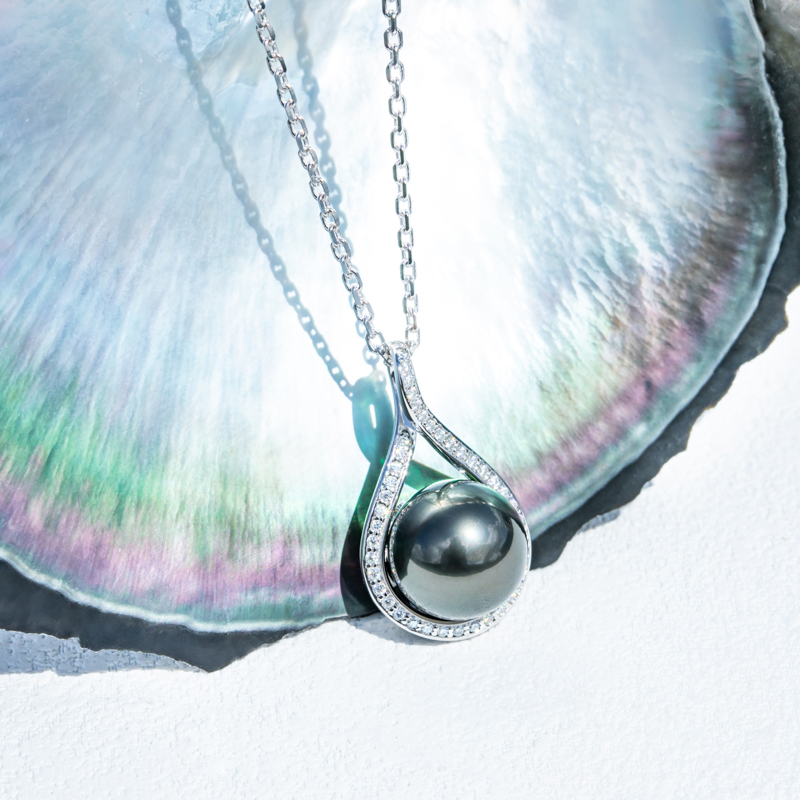 THESHE天然大溪地黑珍珠吊坠单颗S925纯银项链女生日礼物送老婆