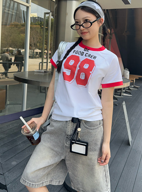 FGOB美式复古小众数字拼色撞色短款圆领套头短袖修身辣妹正肩T恤