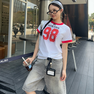 FGOB美式复古小众数字拼色撞色短款圆领套头短袖修身辣妹正肩T恤