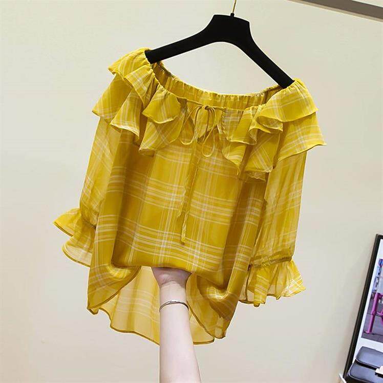 方格一字领系带雪纺衫2019春夏韩版宽松荷叶边喇叭袖洋气小衫上衣|ruв категории Женская одежда, кружева свитер/шифон рубашка - от Buy2taobao.com для оказания профессиональной услуги покупки агента Taobao