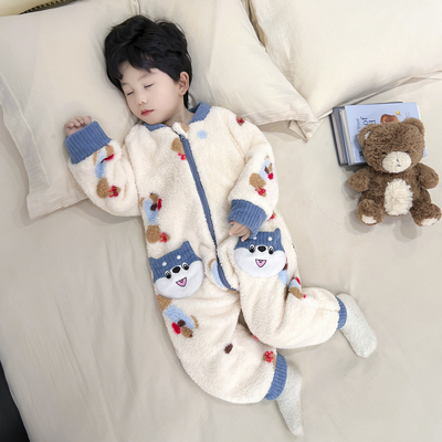 男童睡衣2025冬季新款男宝宝双层加厚珊瑚绒连体衣儿童法兰绒睡袋