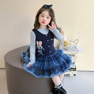 女童套装2026新款春秋季儿童宝宝凸凸裙小女孩纱裙马甲打底三件套
