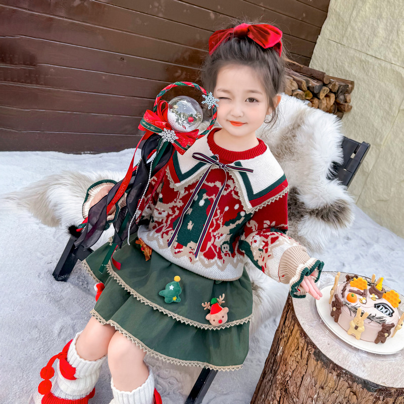 女童毛衣2024秋冬新款儿童宝宝洋气针织衫圣诞节服装女孩裙子套装